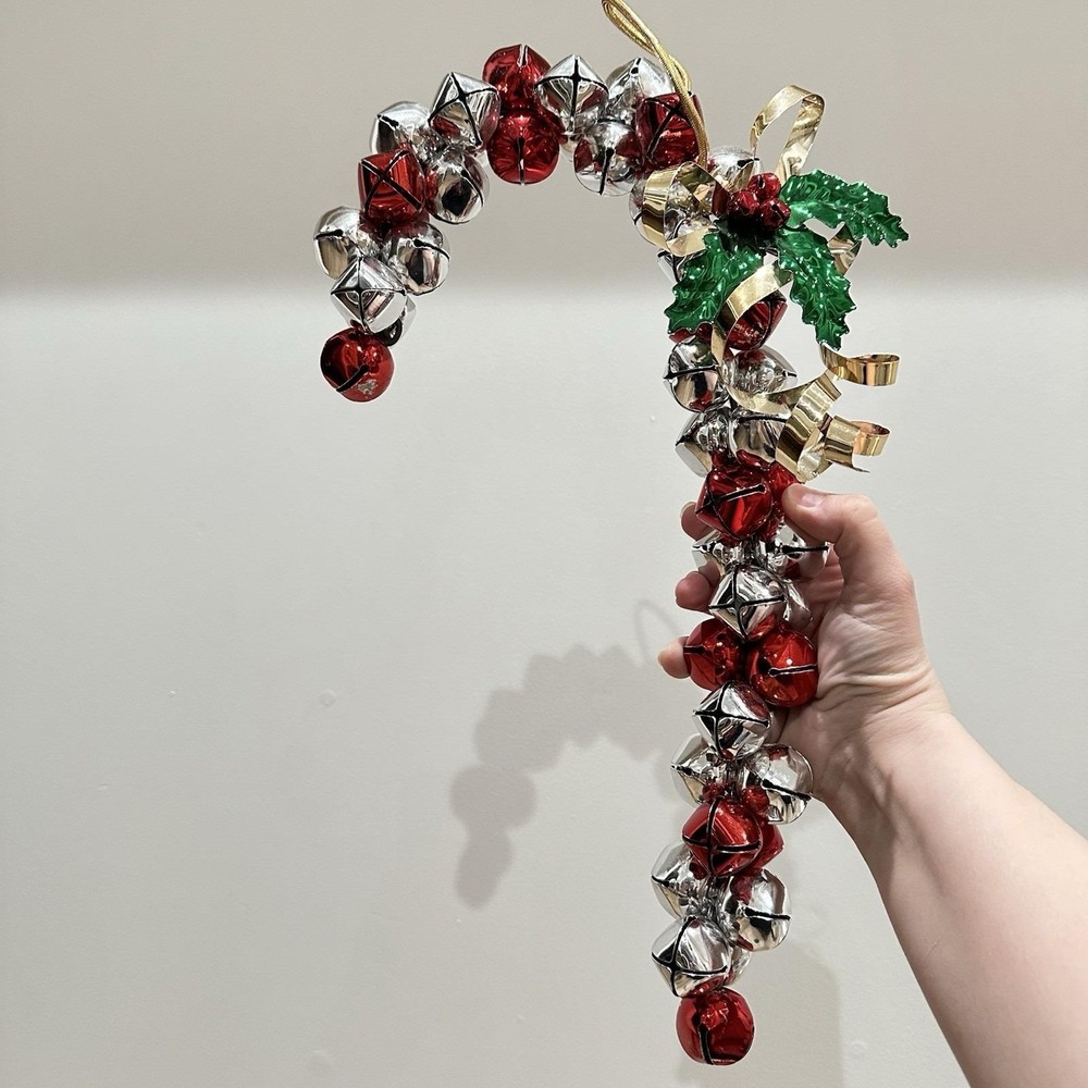 VTG 90s Candy Cane Jingle Bells Door Hanger Christmas 16" Red Silver Holy Wreath